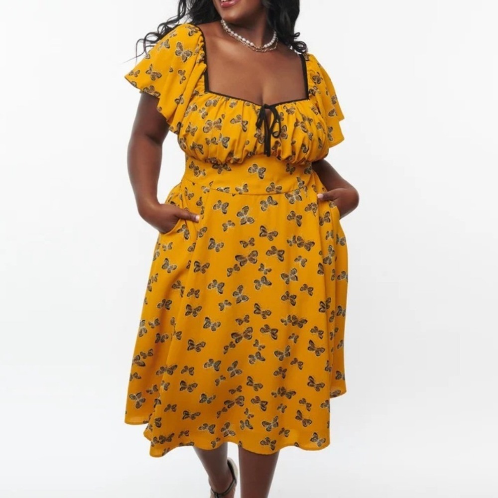 Unique Vintage Yellow Floral Midi Dress